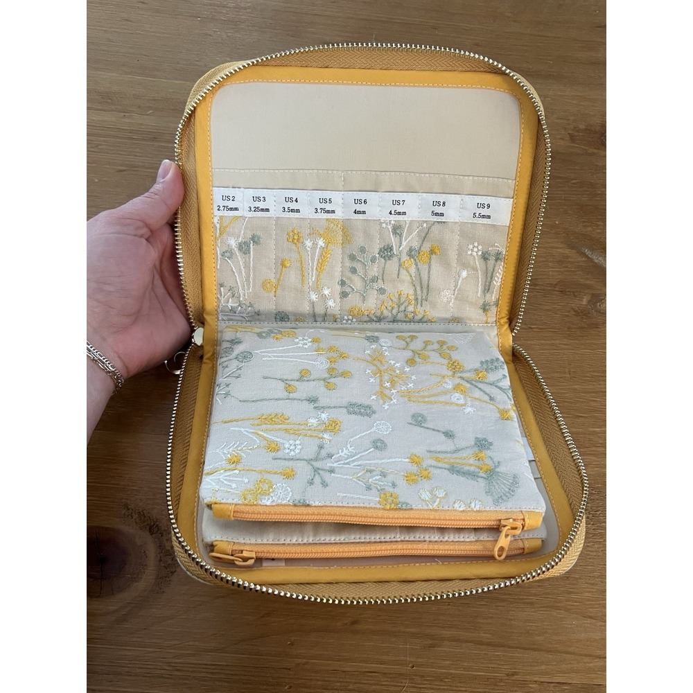 Floral Embroidered Knitting Needle Organizer Case Zip Around Storage Yellow Sage